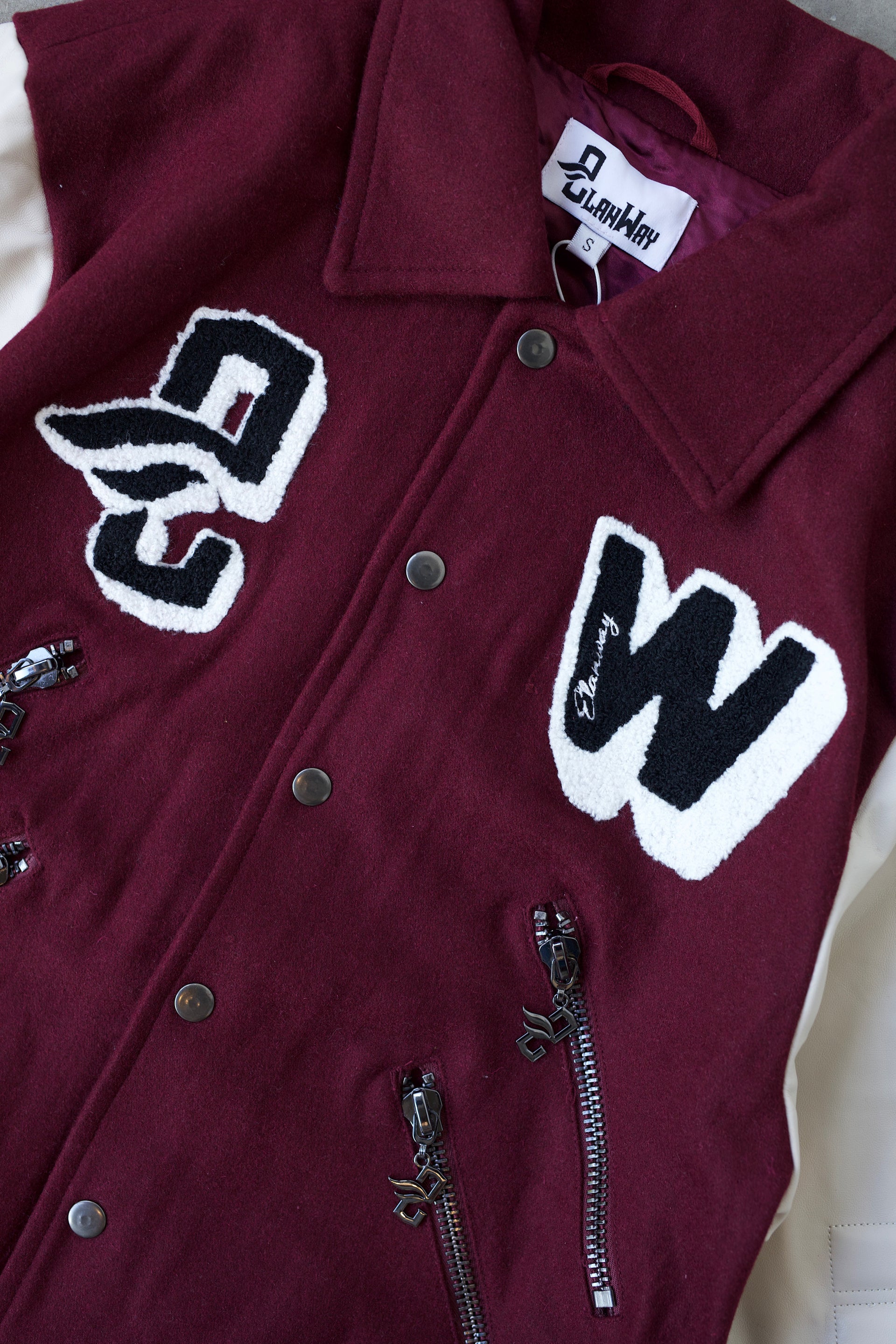 ElanWay Embossed Varsity Jacket In Burgundy - Cropped Length