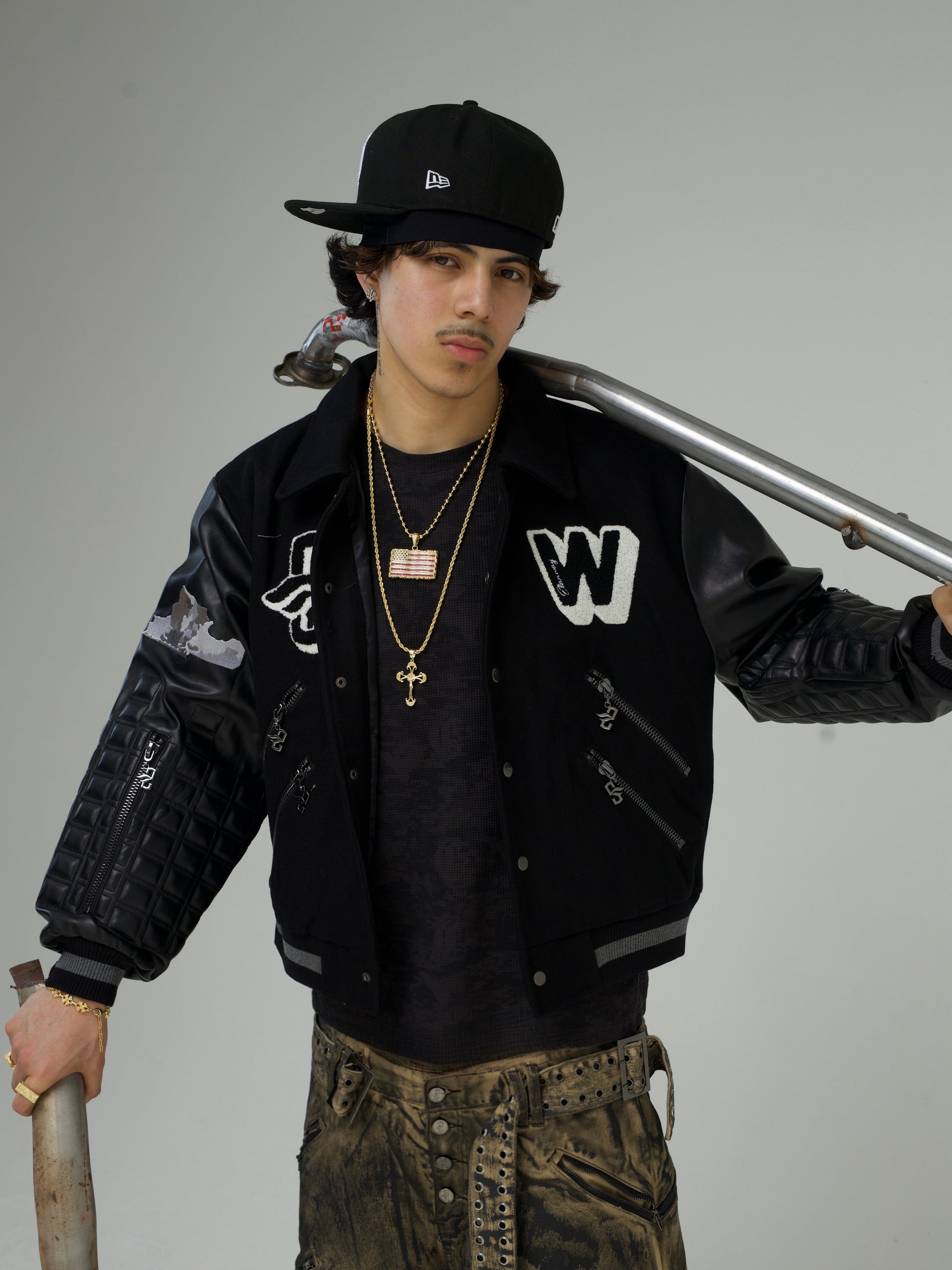 ElanWay Embossed Varsity Jacket In Black - Cropped Length