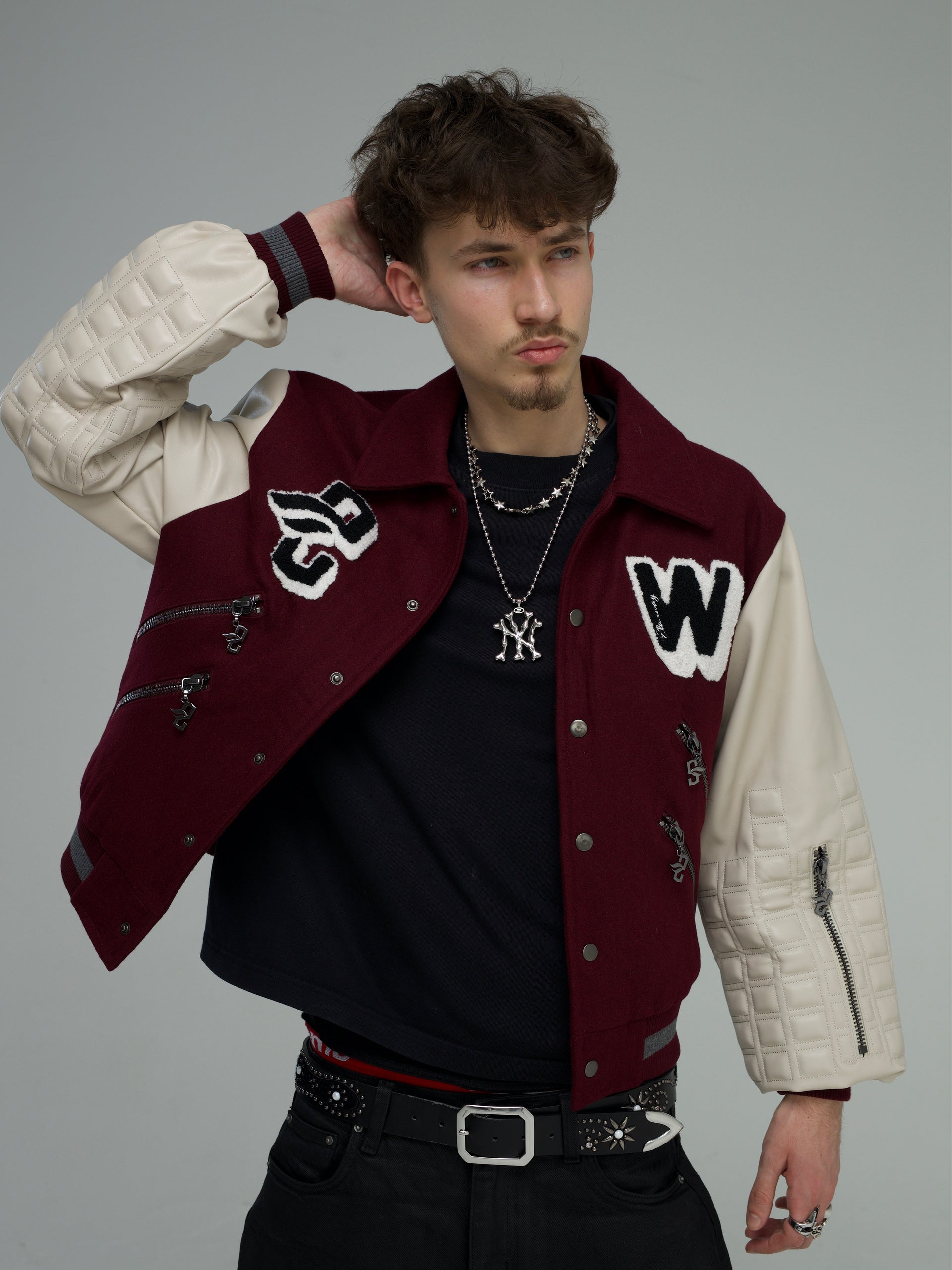 ElanWay Embossed Varsity Jacket In Burgundy - Cropped Length