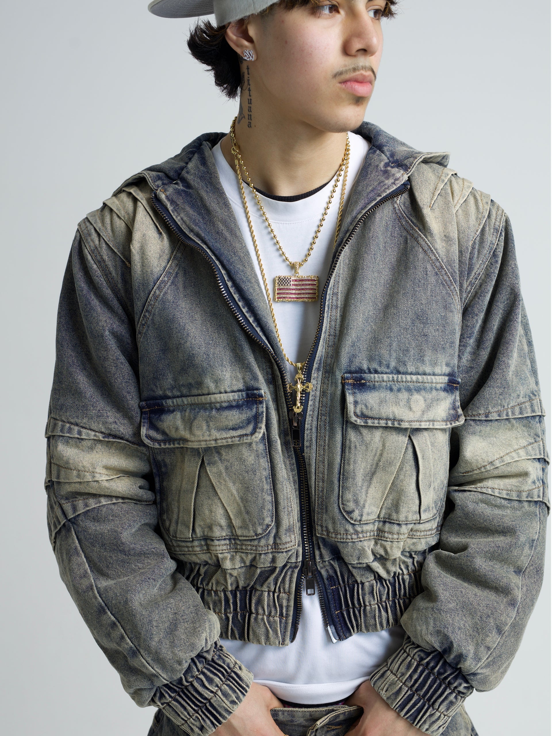 ElanWay Tucks Denim Bomber Jacket (Unisex)