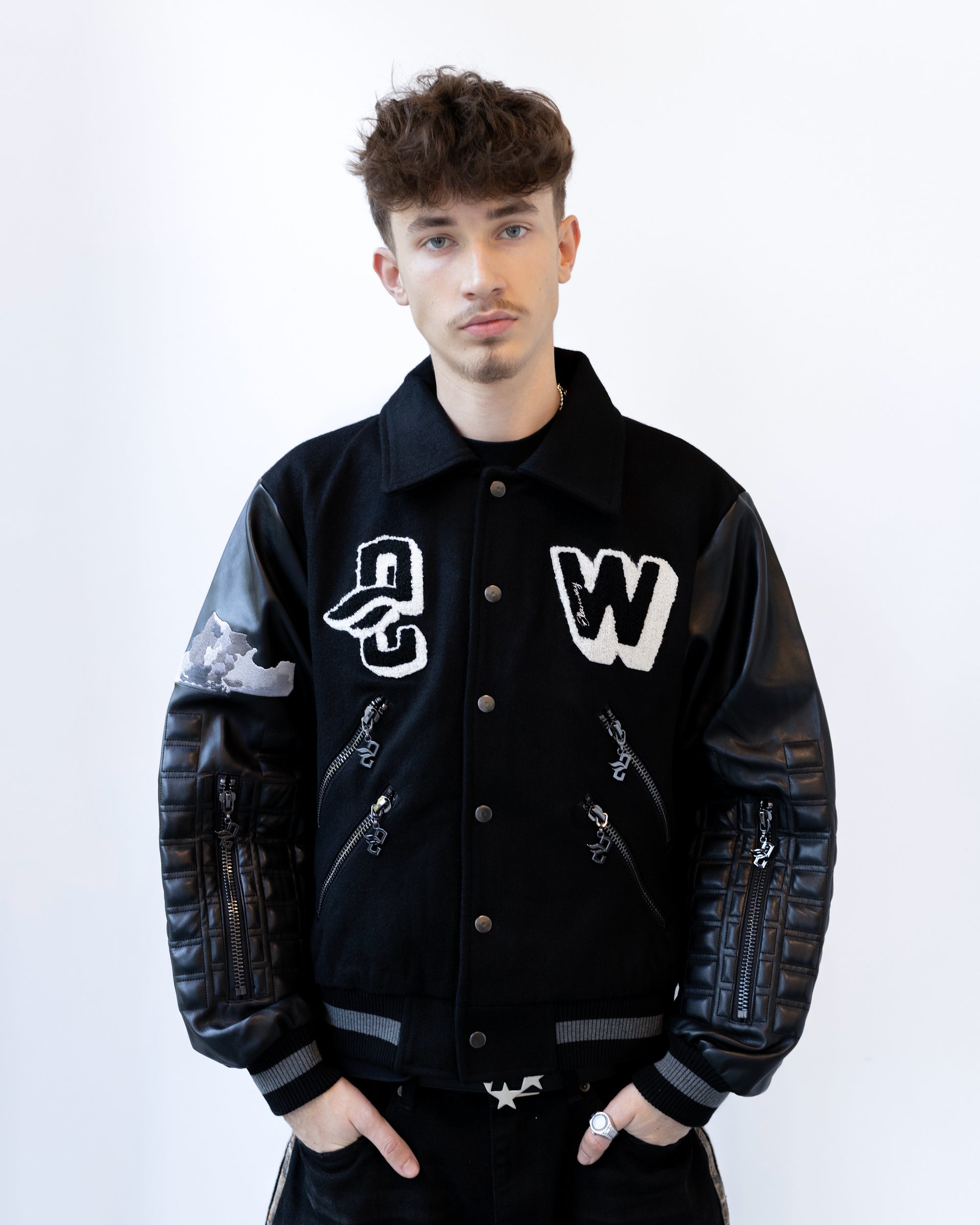 ElanWay Embossed Varsity Jacket In Black - Cropped Length