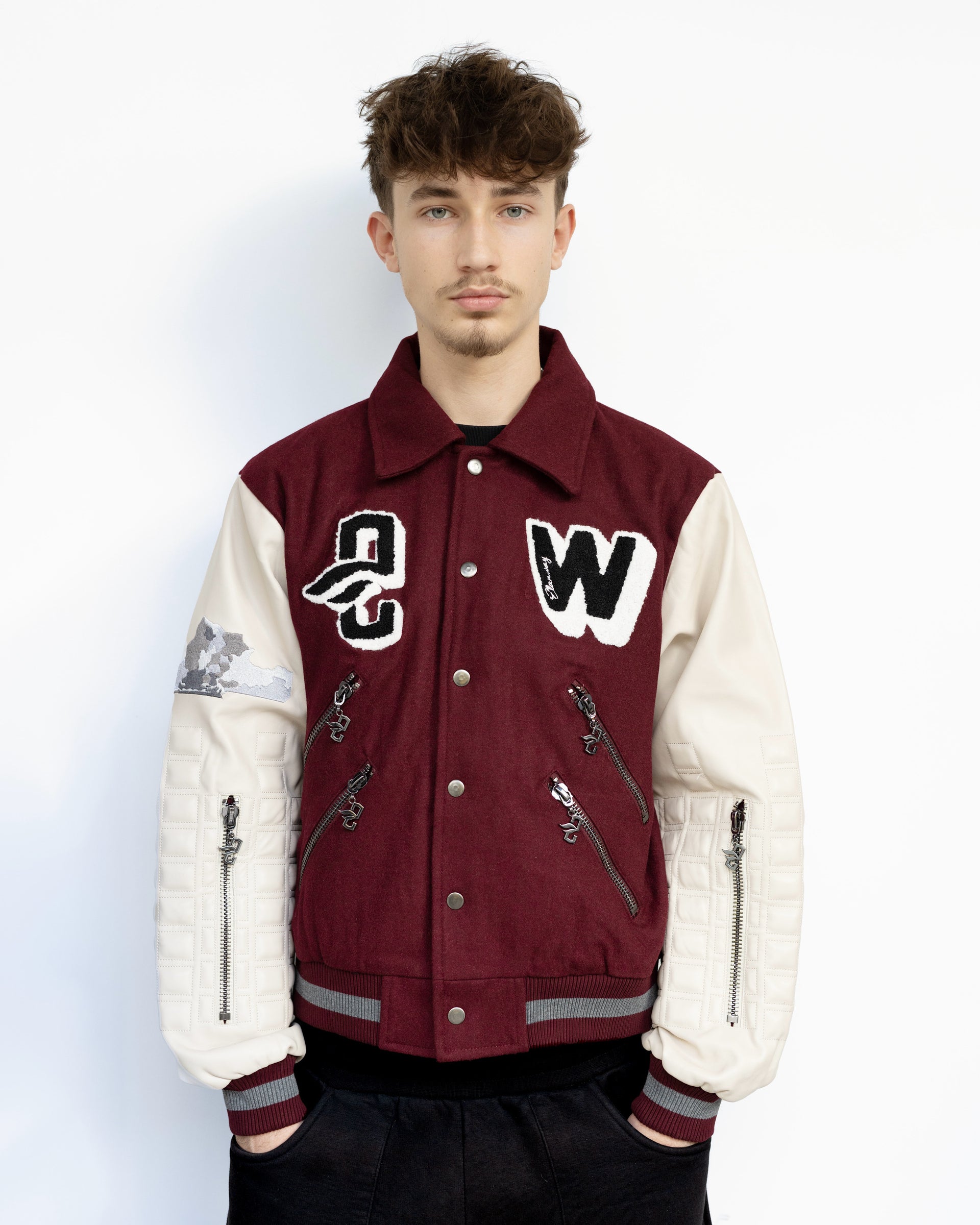 ElanWay Embossed Varsity Jacket In Burgundy - Cropped Length