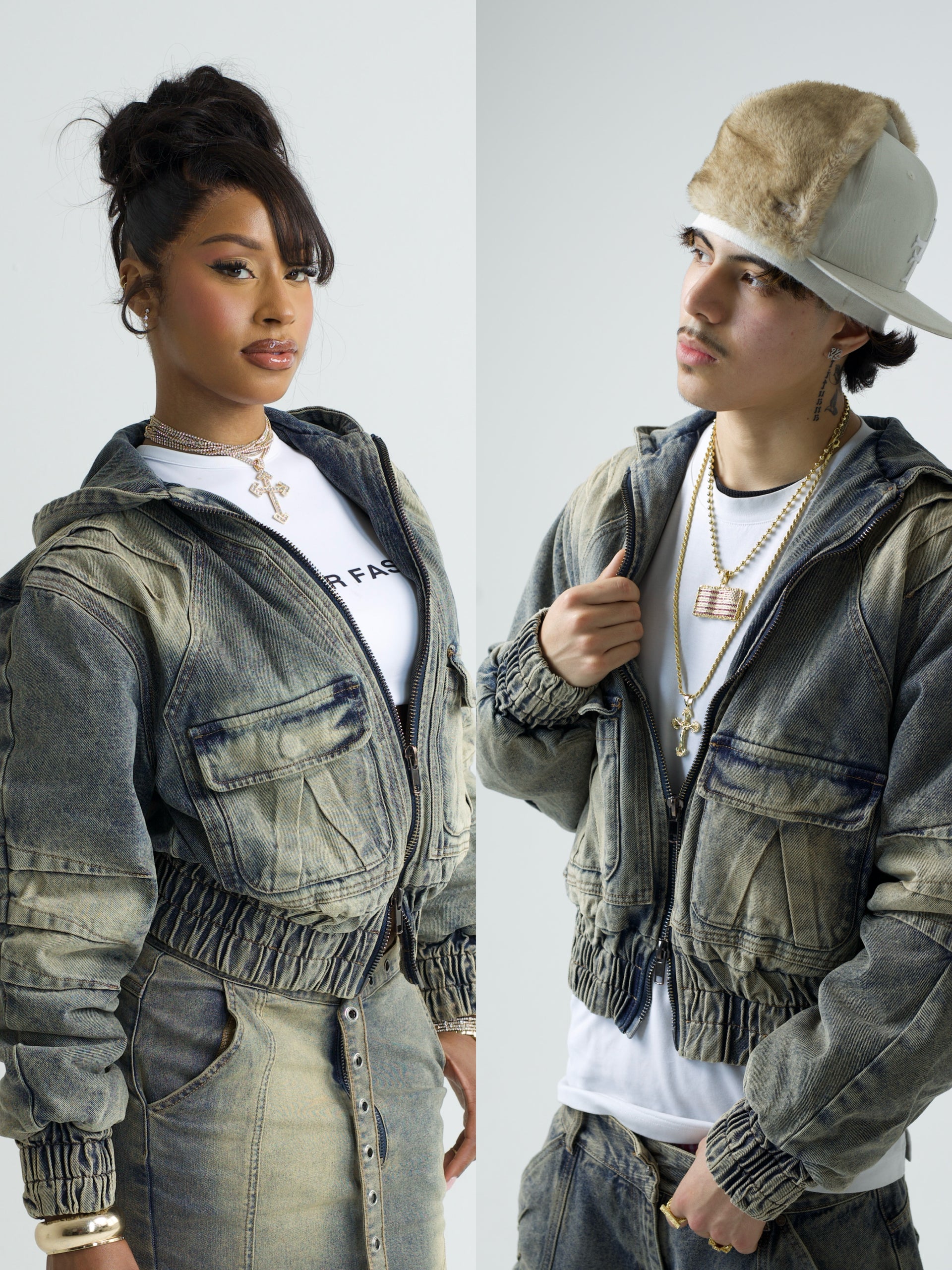 ElanWay Tucks Denim Bomber Jacket (Unisex)
